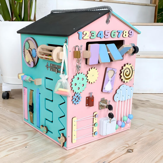 Busy house for developing motor skills Montessori "Rainbow" 45х35х35