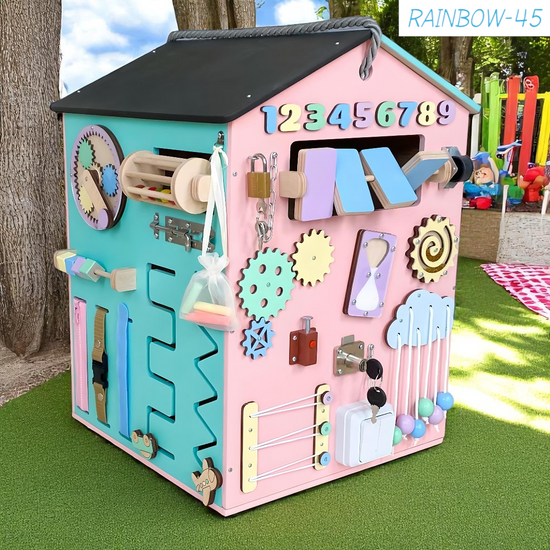 Busy house for developing motor skills Montessori "Rainbow" 45х35х35
