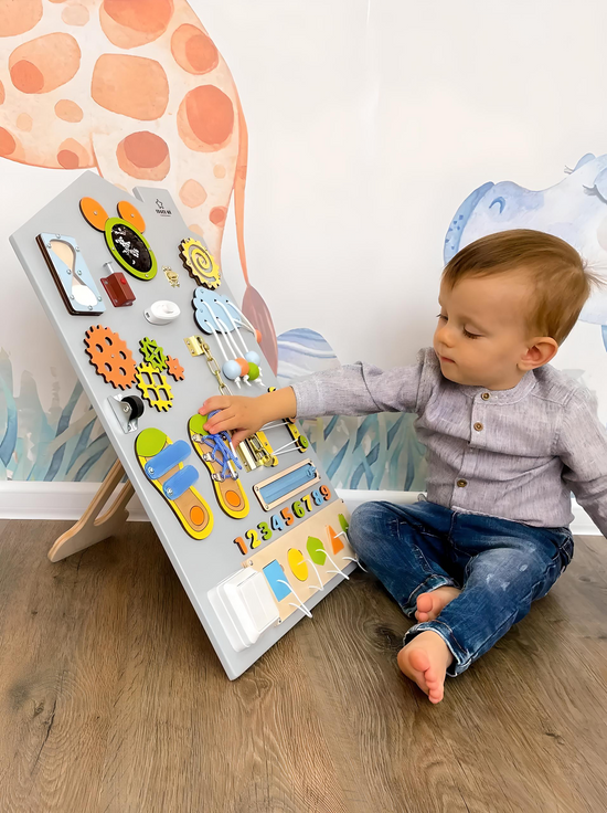 Busy board for developing motor skills Montessori "PlayHouse" grey 60x40