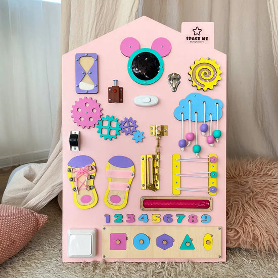 Busy board for developing motor skills Montessori "PlayHouse" pink 60x40