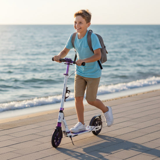 Scooter "GMC" purple with a hand-operated disc brake, foldable for teenagers aged 7 and up